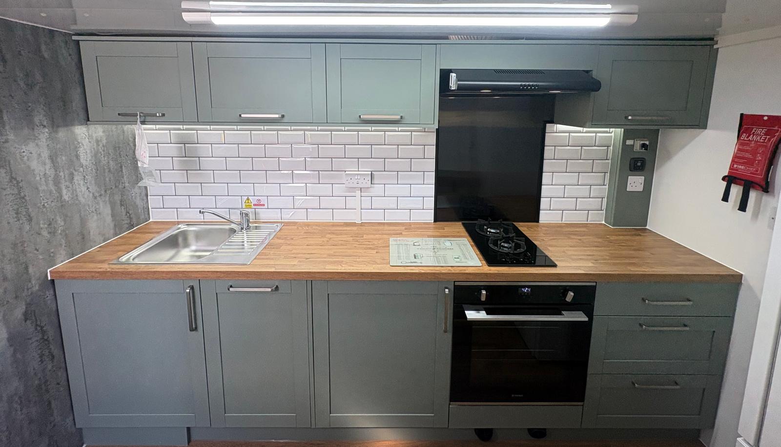 Kitchen pod interior overview with full counter